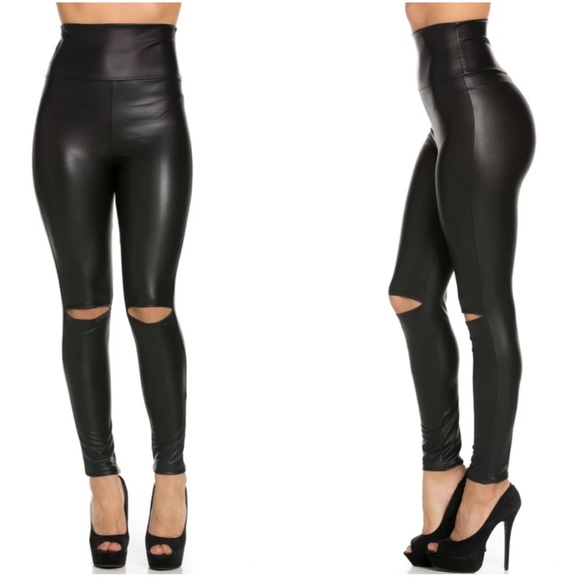 ✨JUST IN✨BLACK FAUX LEATHER KNEE CUT OUT SLICK LEGGINGS - Picture 13 of 15